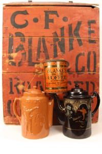 1910-1920's C.F. Blanke Coffee Storage Bin, Coffee Tin and Stoneware Coffee Pots