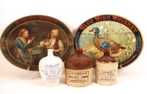 Early 1900's Whiskey Tin Serving Trays, Ceramic and Stoneware Jugs