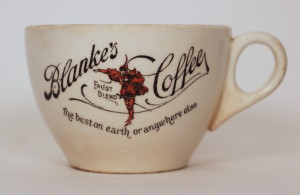 C.F. Blanke's Faust Blend Stoneware Coffee Cup, with Devil Trademark 1910