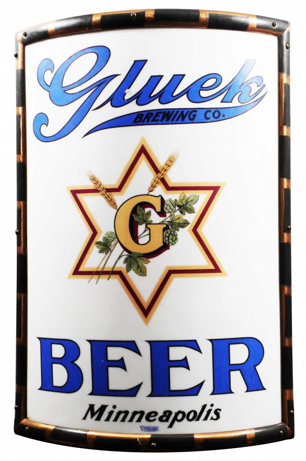 Glueks Beer Vitrolite Corner Sign, Minneapolis, MN. Circa 1910