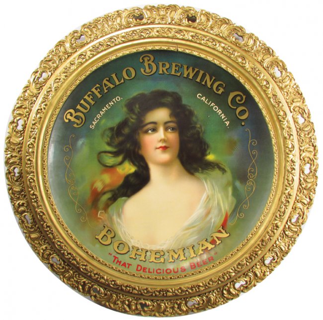 Buffalo Brewing Co., Bohemian Beer, Sacramento, CA. Charger with Gesso Frame. Circa 1900