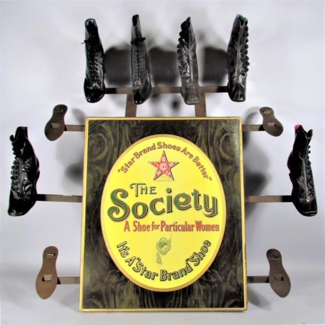 The Society Shoe Floor Tin Sign Stand, Roberts, Johnson & Rand Shoe Co. St. Louis, MO. Ca 1900