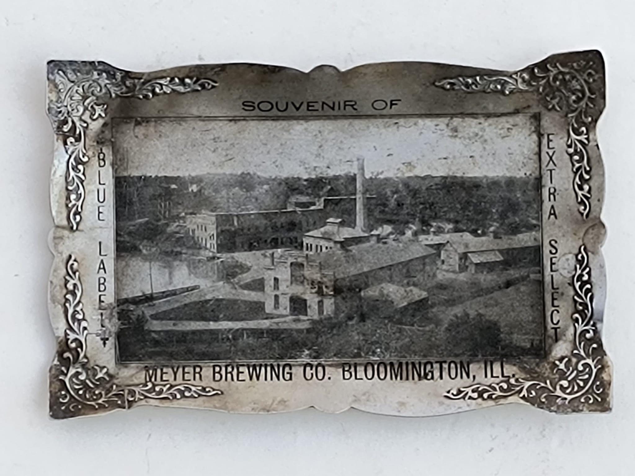 Meyer Brewing Company Souvenir metal tray, Bloomington, IL. Ca. 1910.