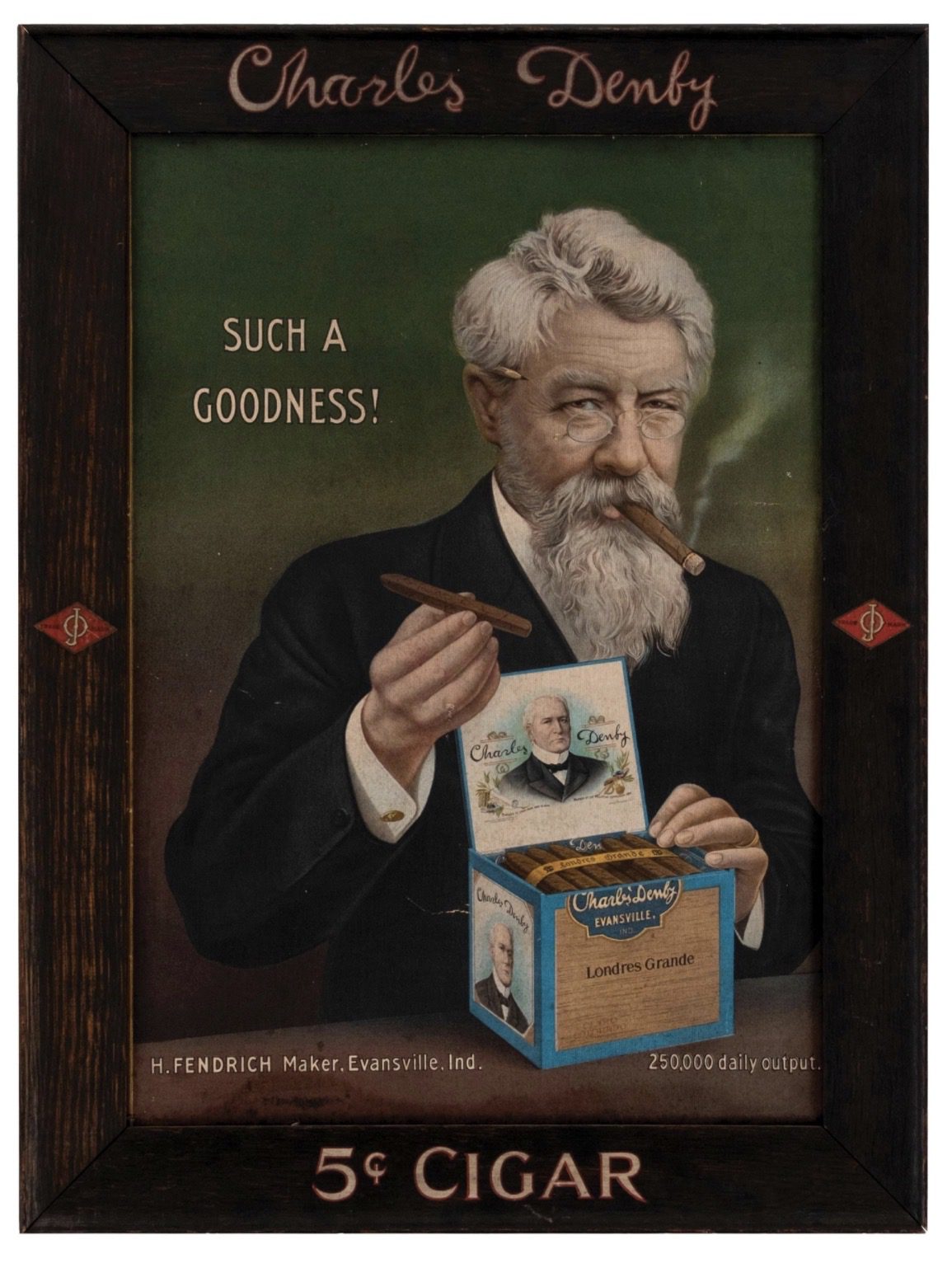 Charles Denby 5cts Cigar, Wood framed Sign. H. Fendrich Maker, Evansville, IN. Circa 1900